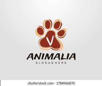 V Letter in Paw Shape Design. Pet logo design. Dog, Cat, animal clinic, pet care center. Paw vector logo Icon Template.