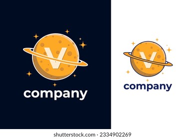 V Letter Planet Logo Design Vector Template. Orange Color Saturn Icon with Ring and Letter V Illustration