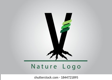 V Letter with root and leaves. Logo Design with Green Leaves on a Branch. Nature concept symbol. Eco and Organic Letter Vector Illustration.