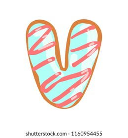 V letter in the shape of sweet glazed cookie, bakery edible font of English alphabet vector Illustration on a white background