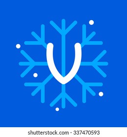 V letter with snowflake icon on the blue background. Design template elements for your application or corporate identity.