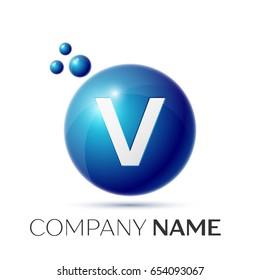V Letter splash logo. Blue dots and circle bubble letter design on grey background. Vector Illustration