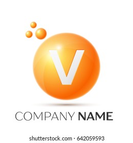 V Letter splash logo. Orange dots and circle bubble letter design on grey background. Vector Illustration