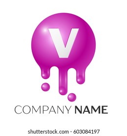 V Letter splash logo. Purple dots and bubbles letter design on grey background. Vector Illustration.
