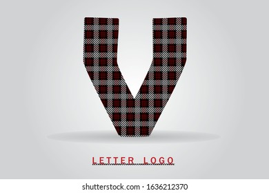V letter with tartan pattern vector illustration. Textile fabric letter for logo, label, card, print, brochure, flyer, textile business title, sewing concept, clothing store or web page design.