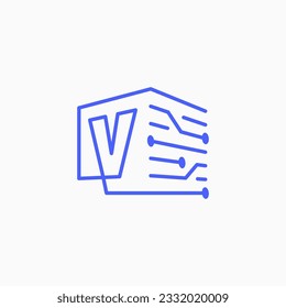 V Letter Tech Electric Circuit cube block Logo Outline Vector Icon Illustration