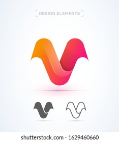 V letter template. Abstract, origami paper, 3d material design and fluent style logo icon