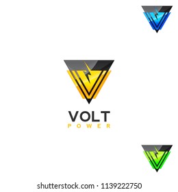 v letter in triangle shape with bolt icon vector logo design 