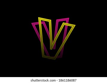 V letter vector design, shadow font logo. Dynamic split pink, yellow color on black background. For social media,design elements, creative poster, web template    

