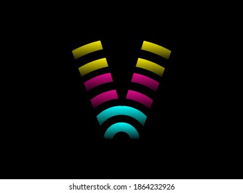 V letter vector desing, Cmyk color font logo. Dynamic split pink, blue, yellow color on black background. For social media,design elements, creative poster, web template    


