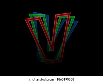 V letter vector desing, Rgb color font logo. Dynamic split red, green, blue color, outline stroke layer style on black background. For social media,design elements, creative poster, web template    
