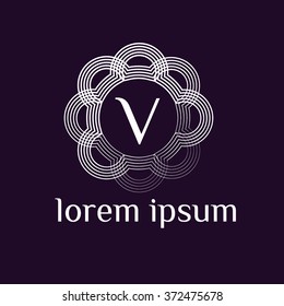 V letter vector logo with circles calligraphic borders (icon, sign, symbol, monogram)