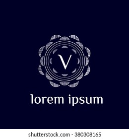 V letter vector logo with square calligraphic borders (icon, sign, symbol, monogram)