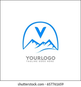 V letter vector mountains emblem identity. Outdoor activity symbol. Adventure or sport logo badge. Vector illustration