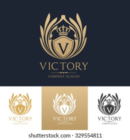 V letter, Victory luxury brand logo template with crest and crown