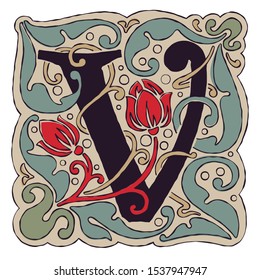 V letter vintage colors antique gothic initial logo. Typeface, vector premium design template elements for identity, package, book, diploma, etc.