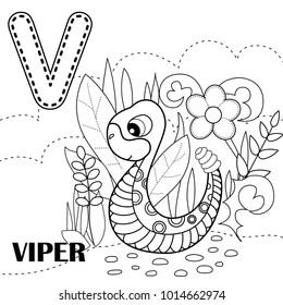 V letter, viper, coloring book or page, vector cartoon. Alphabet