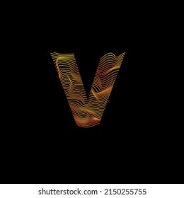 V letter wavy line. V letter with motion wave. Alphabet logo with colorful twisted lines. Creative vector illustration with zebra, sea, print and wavy pattern lines.