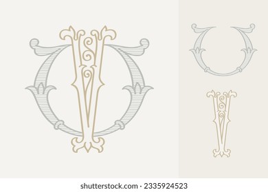 V letter wedding monogram creator kit. Elegant historical style alphabet for party invitations. This set includes Wide and Narrow capitals for your own emblem. Find full set in my profile.