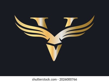 V Letter Wing Logo Design. Initial Flying Wing V Letter Logo. Letter V logo and wings Concept