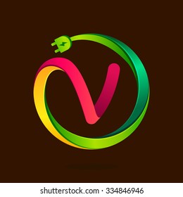 V letter with wire plug icon. Vector design template elements for your application or corporate identity.