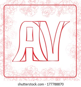 A and V letters, hand drawn illustration of a monogram surrounded by a floral frame with orchids