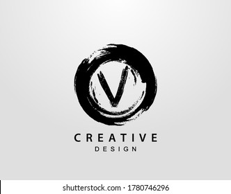 V Logo With Circle Splatter Element. VintageCircle Wave logo design template.
