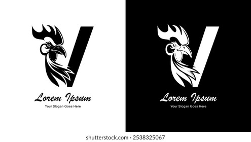 V logo design combined with chicken head