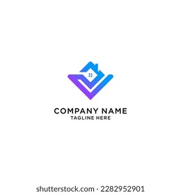 v logo design with negative house space and arrow.	