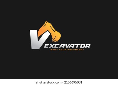 V logo excavator for construction company. Heavy equipment template vector illustration for your brand.