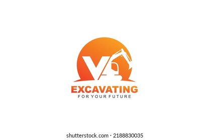 V logo excavator for construction company. Heavy equipment template vector illustration for your brand.
