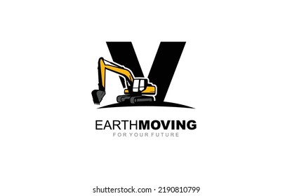 V logo excavator for construction company. Heavy equipment template vector illustration for your brand.