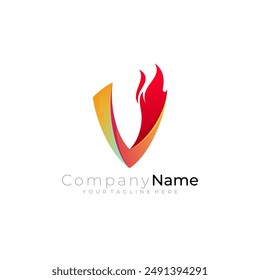 V logo and fire design template, red color, danger icons