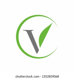 V logo initial letter design template vector illustration with leaf accent