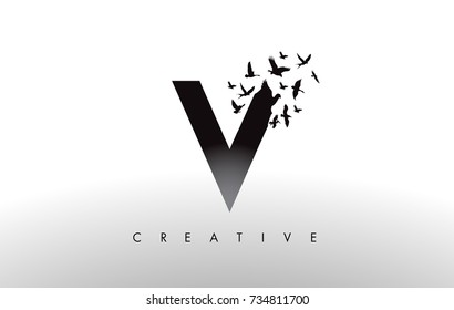 V Logo Letter with Flying Flock of Birds Disintegrating from the Letter. Bird Fly Letter Icon.