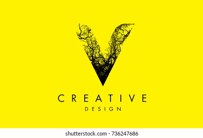 V Logo Letter Made From Black Tree Branches. Tree Letter Design with Minimalist Creative Style.
