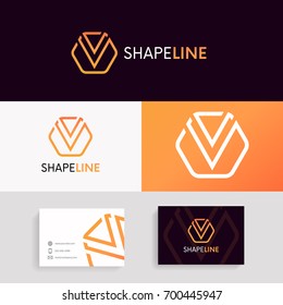 V logo linear icon hexagon sign flat design.