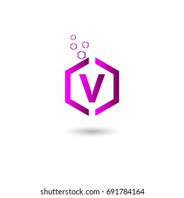 v logo with purple hexagon