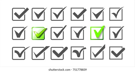 Colección de logotipos V.
Conjunto de iconos de validación de marcas de verificación diferentes.
Señales de elementos de diseño artístico. 
Plantilla aislada en segundo plano. Ilustración del vector