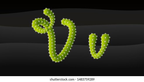 v Lowercase & Capital 3D Cactus Alphabet on black desert blackground, letters vector illustration