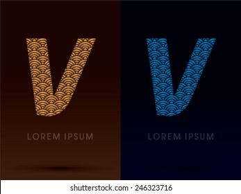 V ,Luxury font ,designed using gold and blue bold line graphic, concept shape from water, river, sea, ocean, fish scale, logo, symbol, icon, vector.