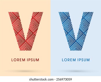 V ,Luxury font, designed using red and blue line square geometric shape, hot and cool tone, logo, symbol, icon, graphic, vector.