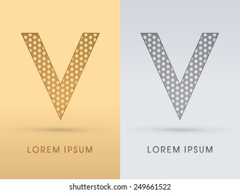 V ,Luxury  outline font ,designed using geometric on gold background, concept shape from screws, hexagon, honeycomb, jewelry, gems , logo, symbol, icon, graphic, vector.