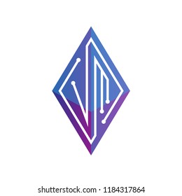 V M Initial letter block chain logo icon vector template. Looping mono line circuit letter on rhombus cube logo