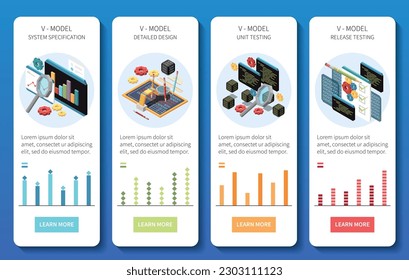 V model software development isometric set of vertical banners with code and gear icons clickable buttons vector illustration