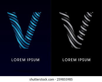 V ,modern wave  font ,designed using blue and black line on dark background, concept move, wave, water, freestyle, zebra line, fantasy ,logo, symbol, icon, graphic, vector.