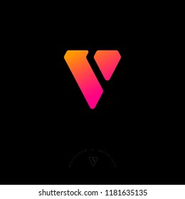 V monogram. Abstract logo. Pink-yellow phantasy letter, isolated on a dark background. Monochrome option.