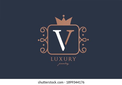 V monogram alphabet letter logo icon in white and blue color. Creative design with king crown for luxury company and business 