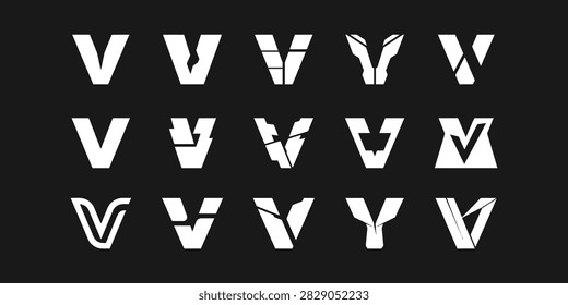 V Monogram Collection — A collection of modern monogram logos centered on the letter V, combining geometric structure, minimal form, and precise construction for a bold, premium, and memorable identity.