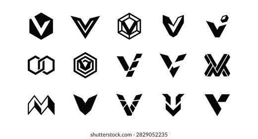 V Monogram Collection — A collection of modern monogram logos centered on the letter V, combining geometric structure, minimal form, and precise construction for a bold, premium, and memorable identity.